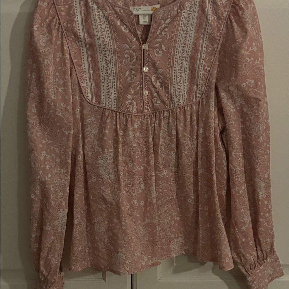 C&C California Light peach and White Floral‎ Hawaiian Print cotton Blouse Top